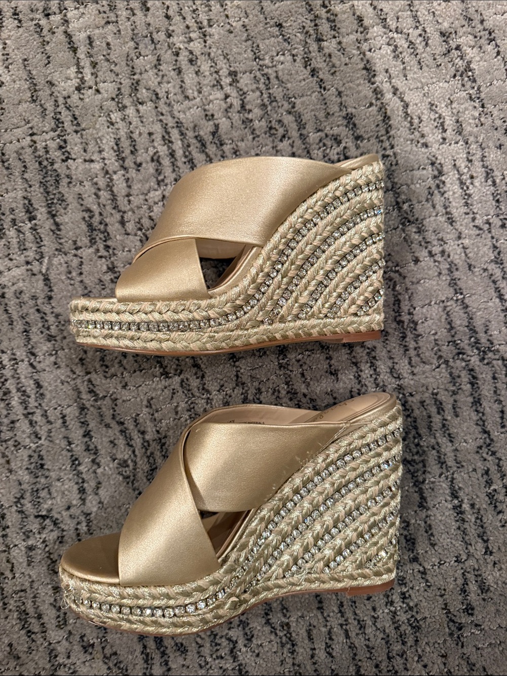 NEW Gold Crisscross Espadrille Wedge Sandals w/ rhinestone like accents on wedge